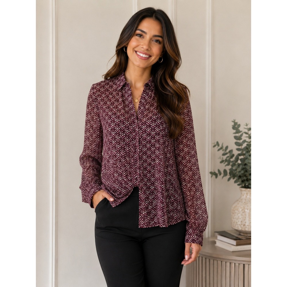 French Connection Purple Chevron Print Chiffon‎ Button Down Blouse Womens Size 4